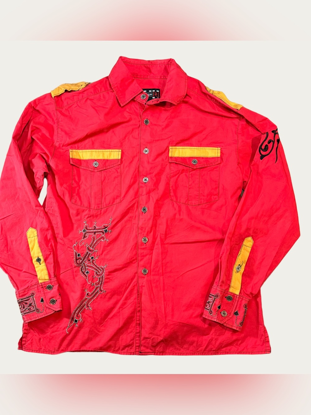 Royal Prestige Men’s L Red Embroidered Cross Rockabilly Western Button Up Y2K